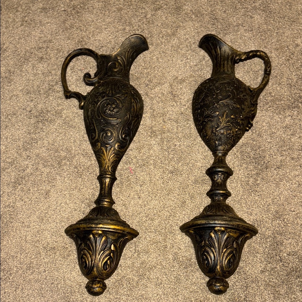1973 HOMCO/DART 7283 EWER PITCHER Black/Gold WALL PLAQUE HOLLYWOOD REGENCY (SET)